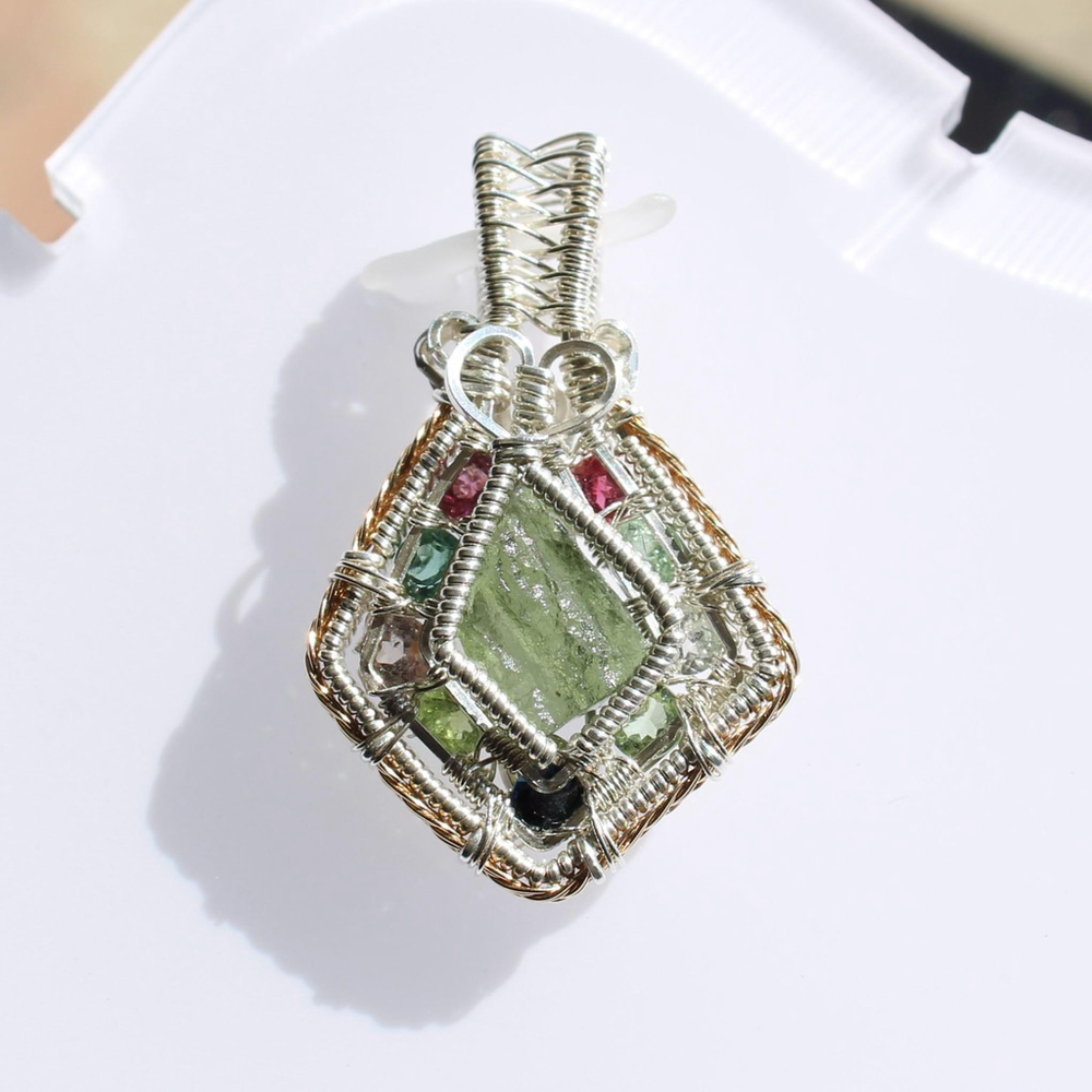 Handmade Moldavite & Tourmaline Pendant – Sterling Silver Crystal Necklace - Picture 6 of 10